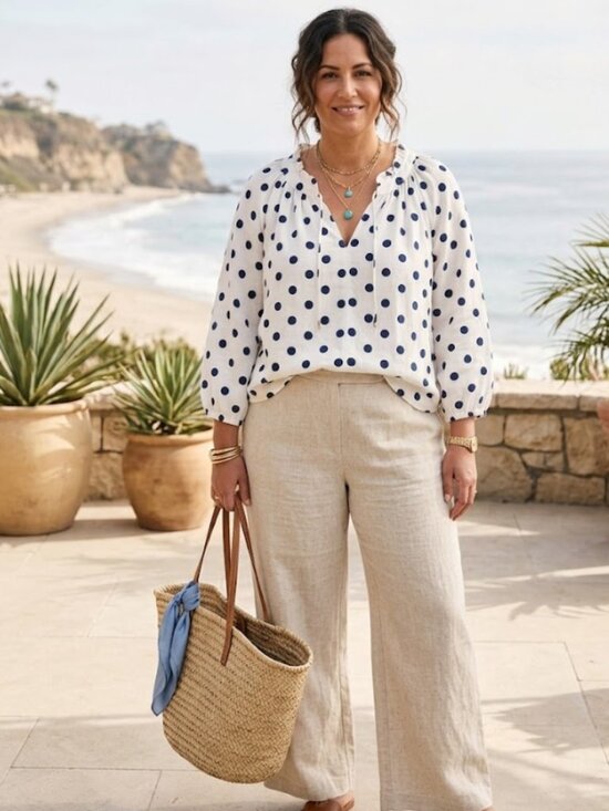 Grae Linen Tops - GRAE LINEN Coastal Linen Polka Dot Blouse Ruffle Neck Tie Peasant Top Beachy 16